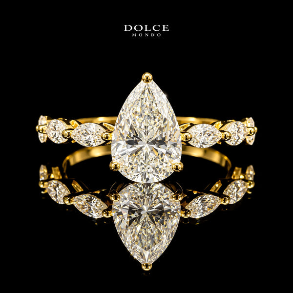 Pear Cut Marquise Accent GRA Certified Moissanite Ring in 18K Gold Plated 925 Sterling Silver – 2.82 Carat