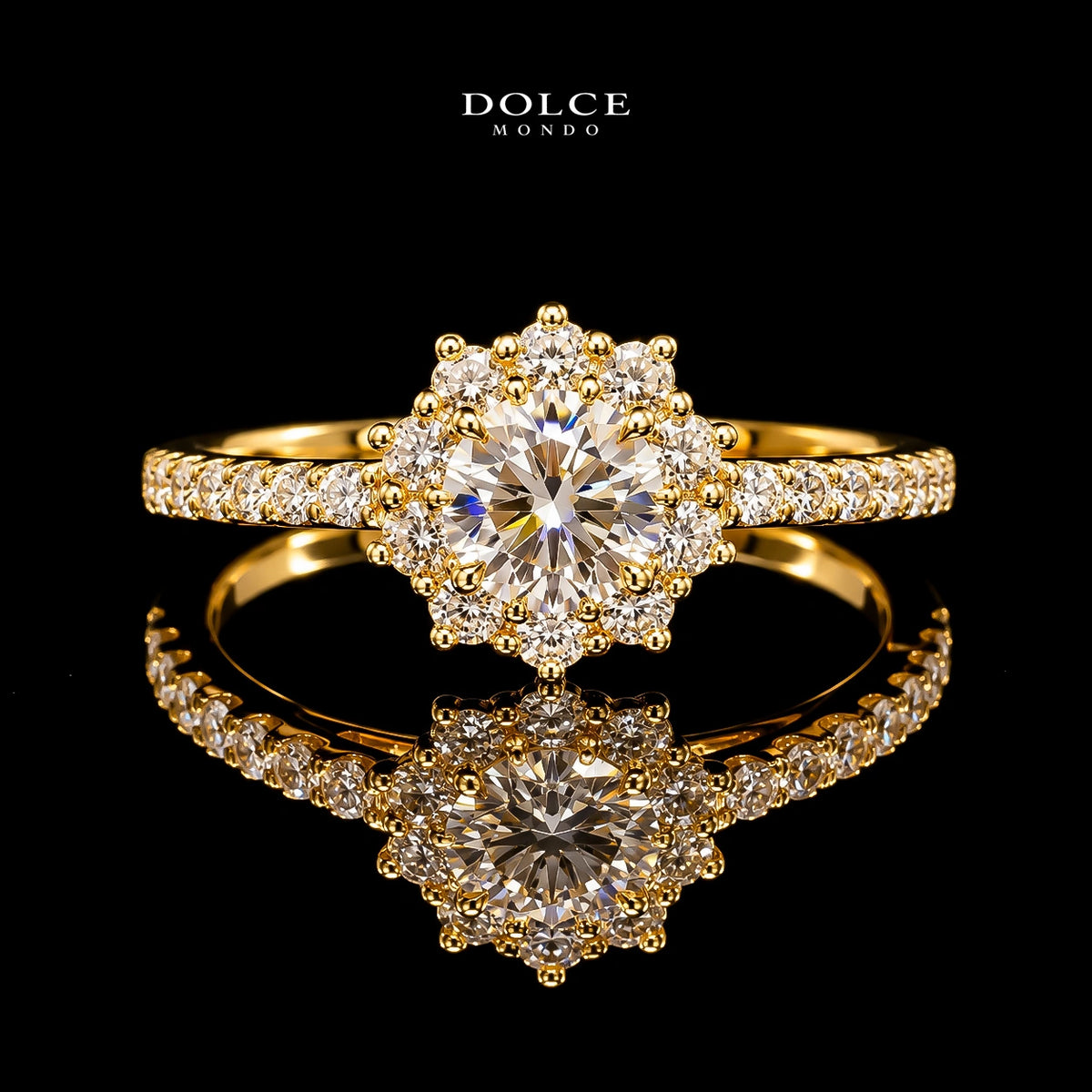Round Cut Floral Halo GRA Certified Moissanite Ring in 18K Gold Plated 925 Sterling Silver – 0.76 Carat