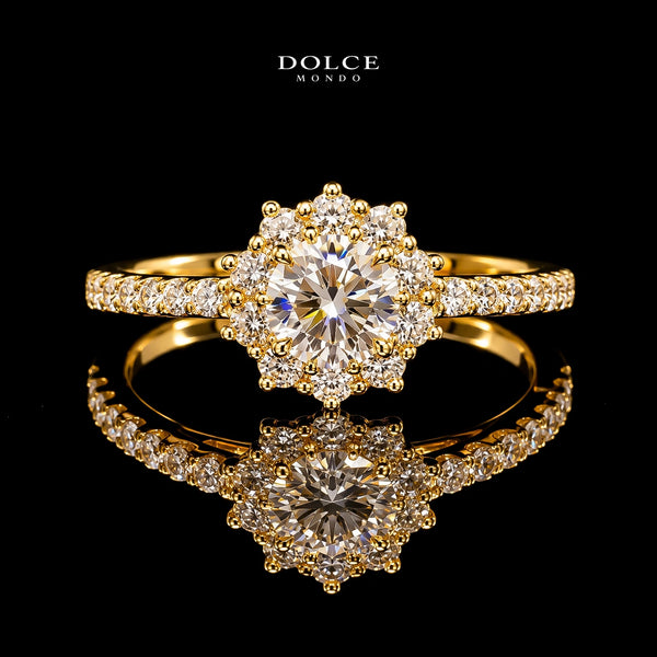 Round Cut Floral Halo GRA Certified Moissanite Ring in 18K Gold Plated 925 Sterling Silver – 0.76 Carat
