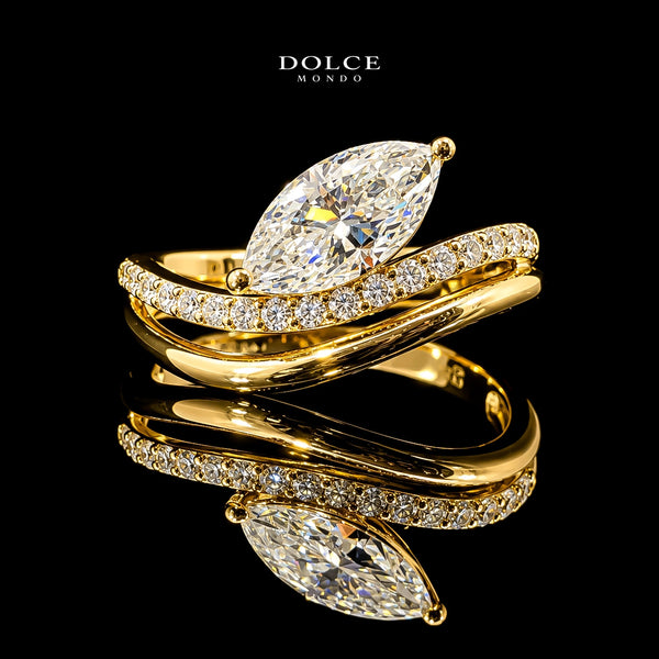 Marquise Cut Bypass GRA Certified Moissanite Ring in 18K Gold Plated 925 Sterling Silver – 1.89 Carat