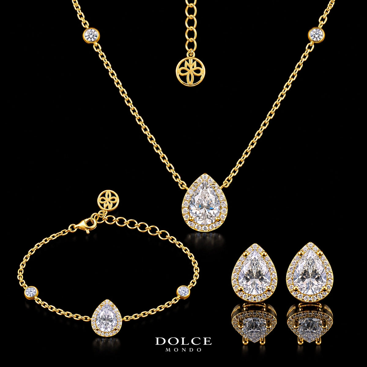 Noor Pear Cut GRA Certified Moissanite 3 Piece Set in 925 Sterling Silver 18K Gold Plated – 3.75 Carat