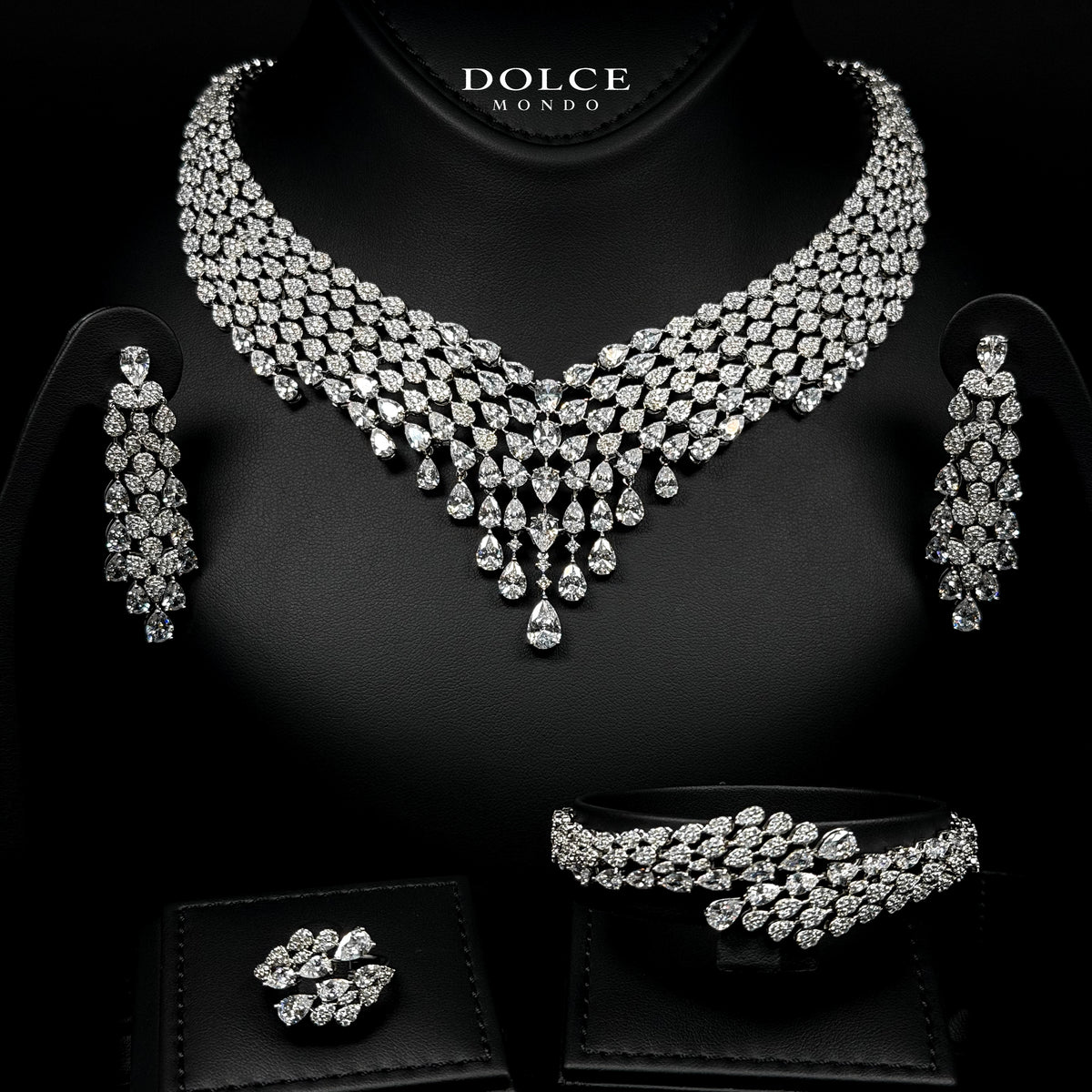 Diana White Luxury Bridal Full Set in High Quality Class Zircon Simulated Diamond Stones Rhodium Plated