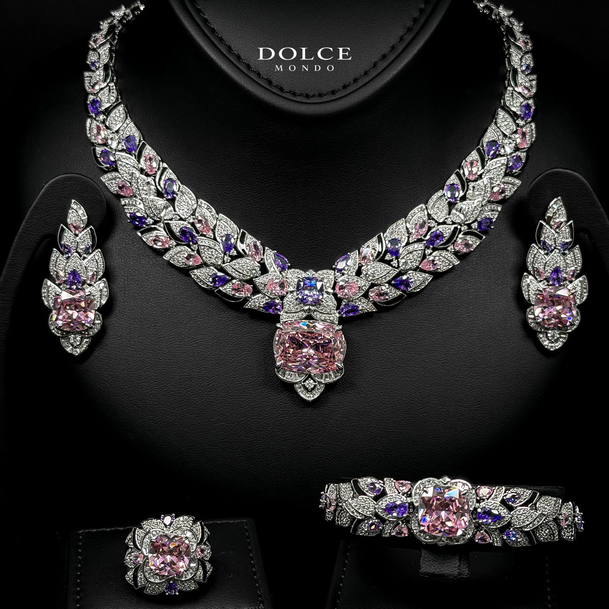 Amelia Pink Luxury Bridal Full Set Featuring High-Quality Zircon Stones with a Premium Rhodium-Plated Finish