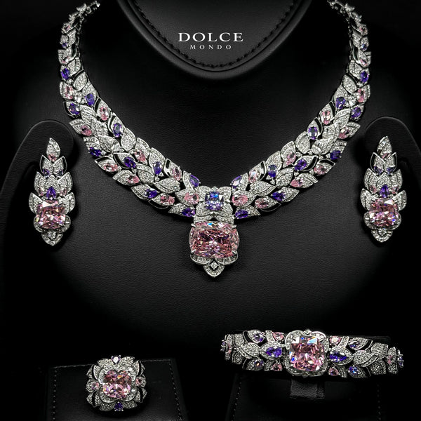 Amelia Pink Luxury Bridal Full Set Featuring High-Quality Zircon Stones with a Premium Rhodium-Plated Finish