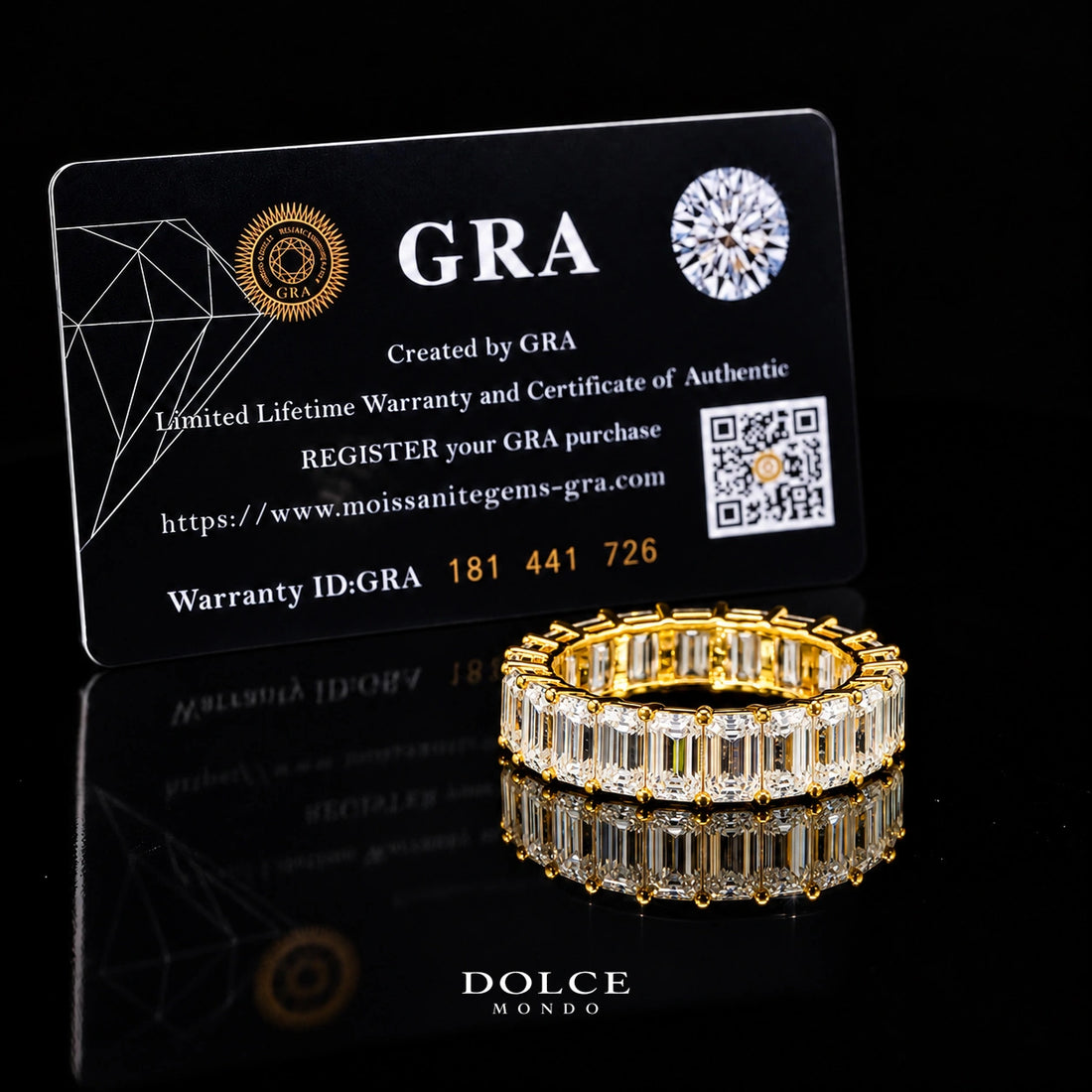Emerald Cut Eternity GRA Certified Moissanite Ring in 18K Gold Plated 925 Sterling Silver – 6.16 Carat