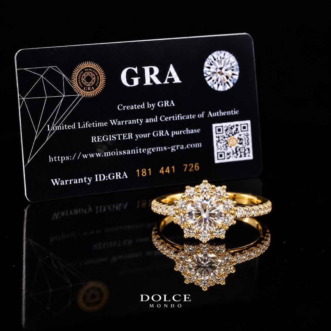 Round Cut Floral Halo GRA Certified Moissanite Ring in 18K Gold Plated 925 Sterling Silver – 0.76 Carat