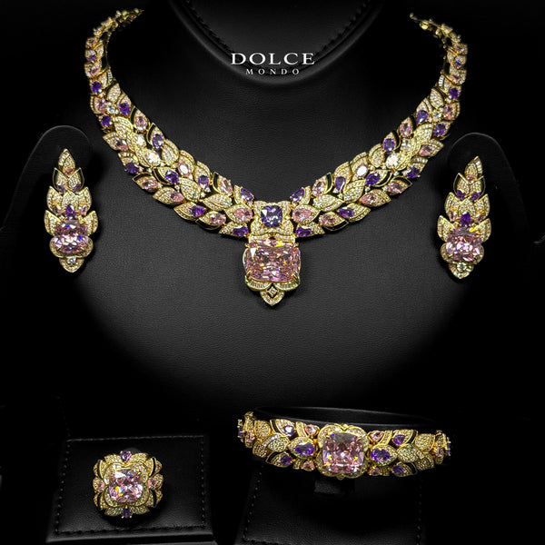 Amelia Golden Pink Luxury Bridal Full Set Featuring High-Quality Zircon Stones with a Premium 18k Gold-Plated Finish