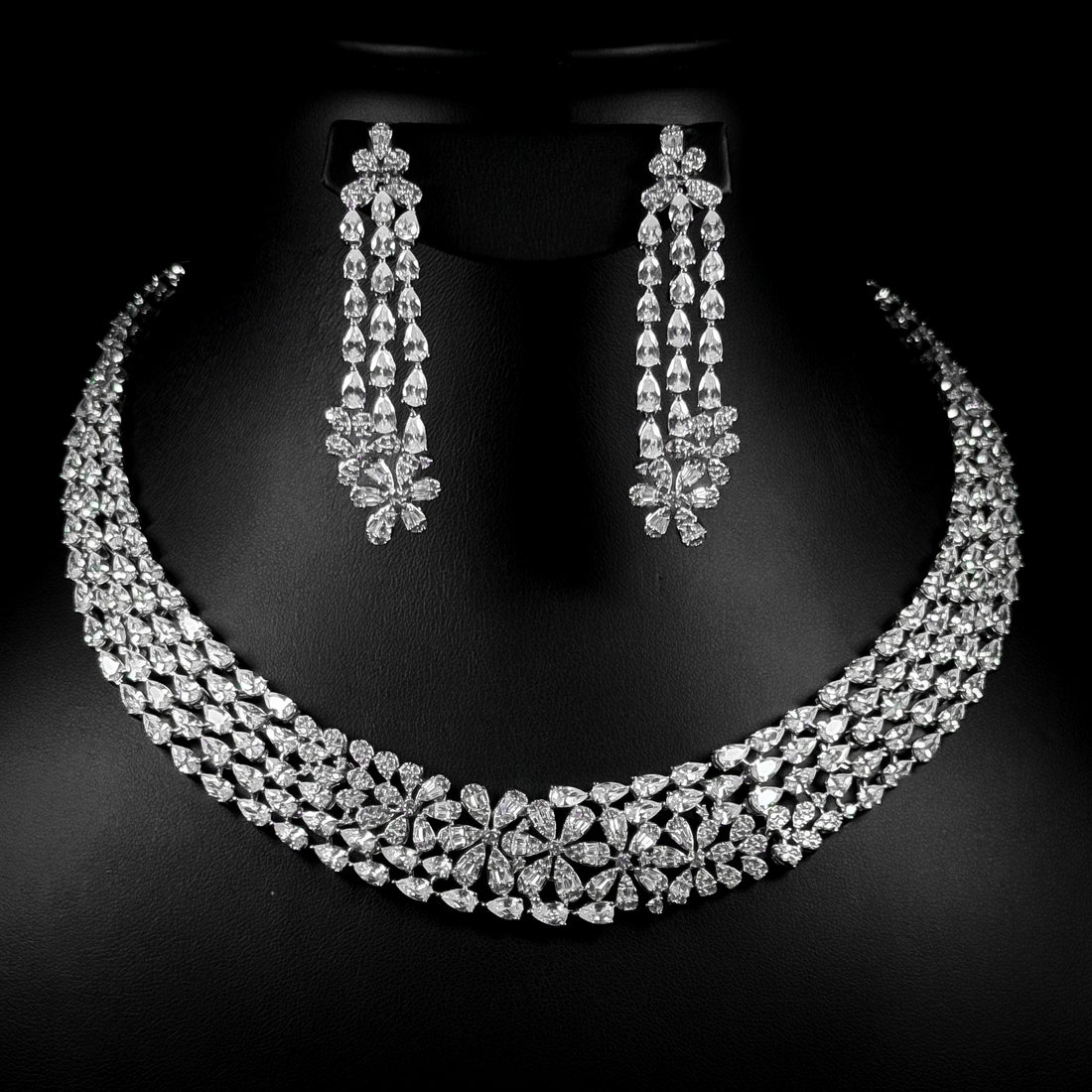 Royal Blossom White Zircon Rhodium Plated Fancy Bridal Full Set