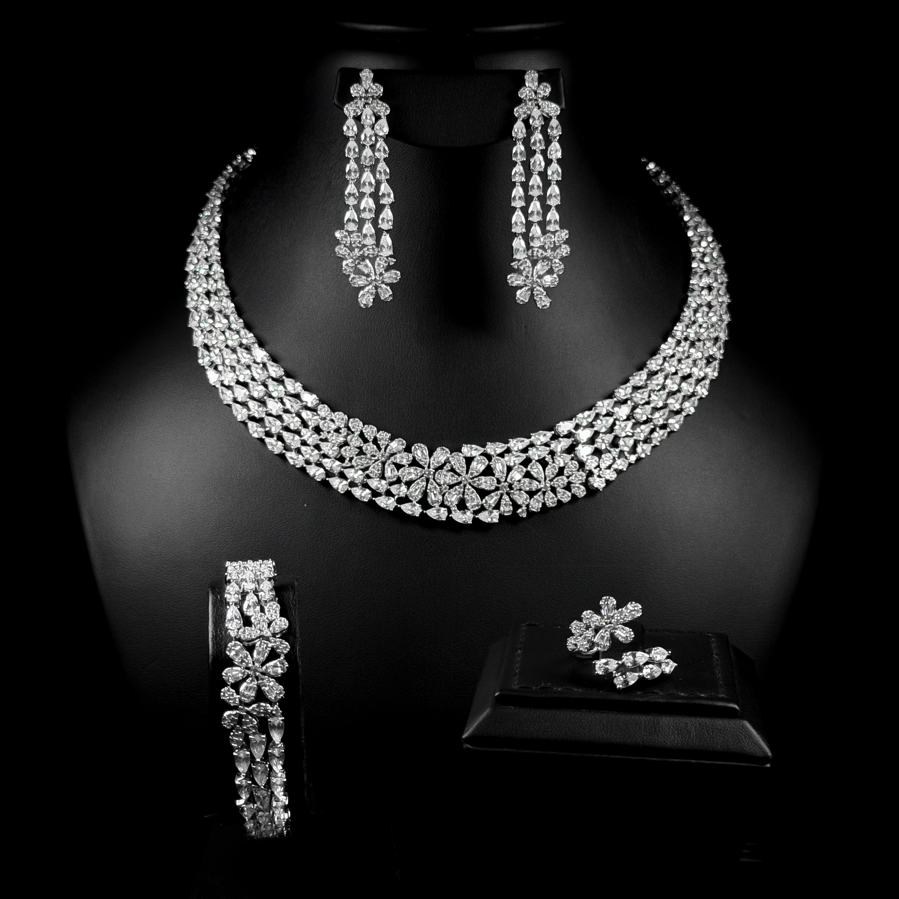 Royal Blossom White Zircon Rhodium Plated Fancy Bridal Full Set
