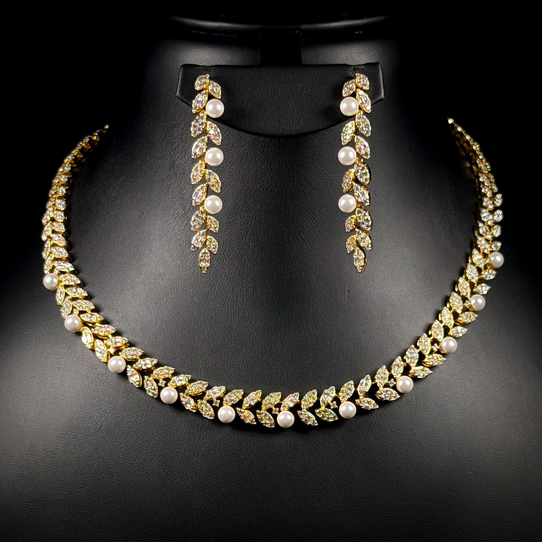 Pearl Laurel White Zircon Gold Plated Wedding Full Set