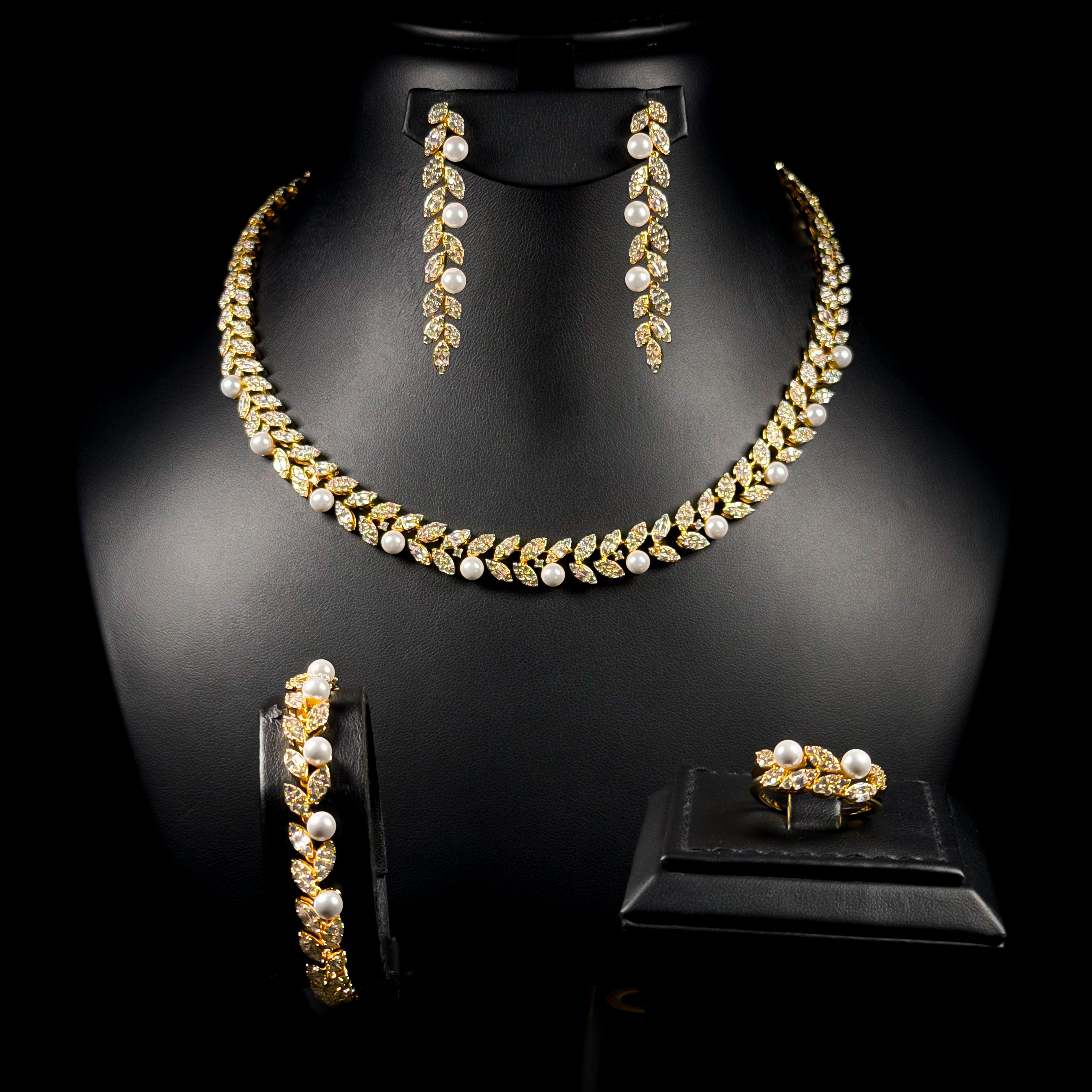 Pearl Laurel White Zircon Gold Plated Wedding Full Set