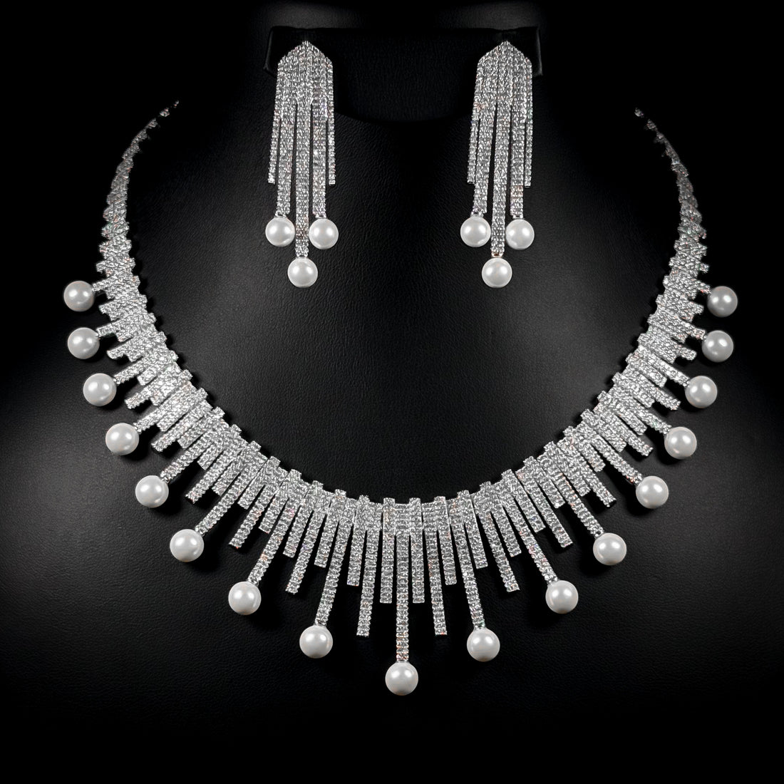 Pearl Fringe White Zircon Rhodium Plated Bridal Full Set