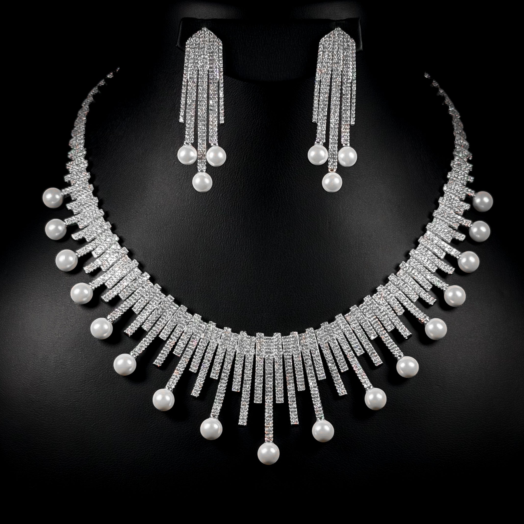 Pearl Fringe White Zircon Rhodium Plated Bridal Full Set