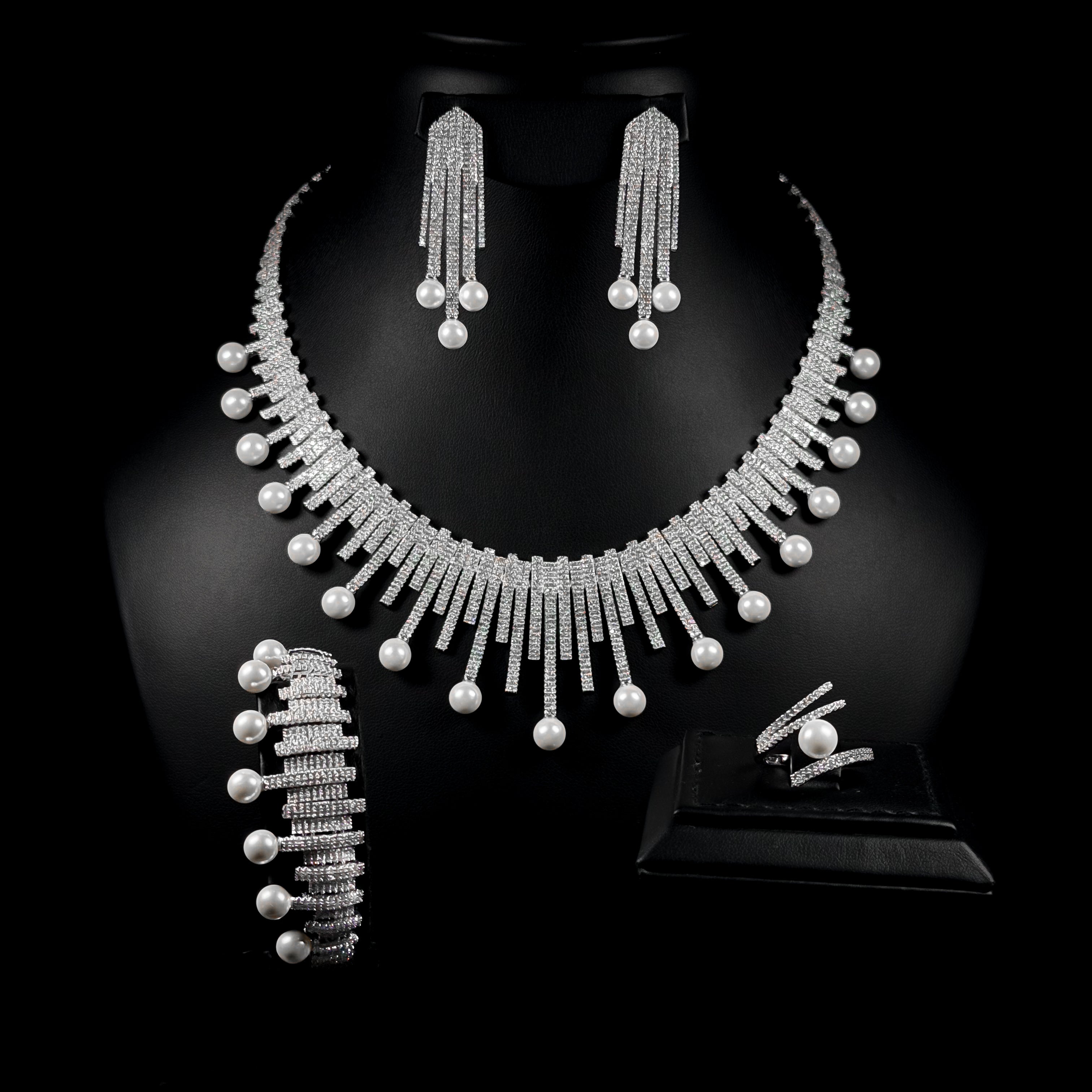 Pearl Fringe White Zircon Rhodium Plated Bridal Full Set