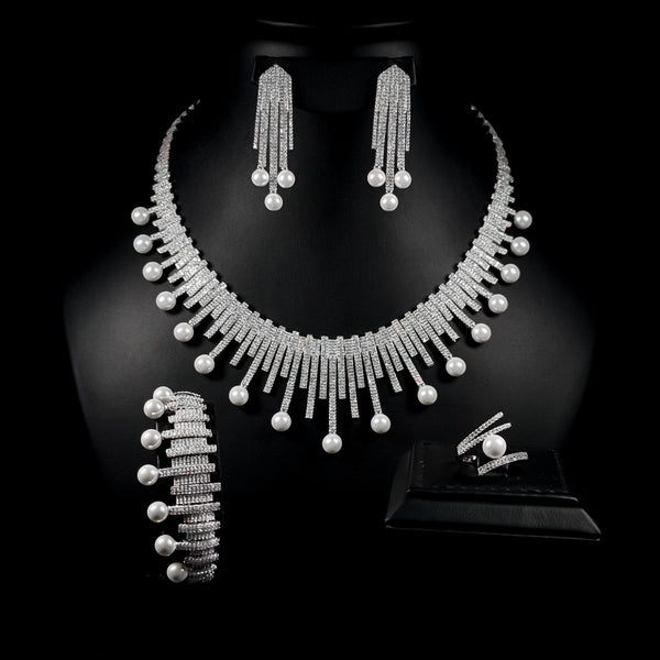 Pearl Fringe White Zircon Rhodium Plated Bridal Full Set