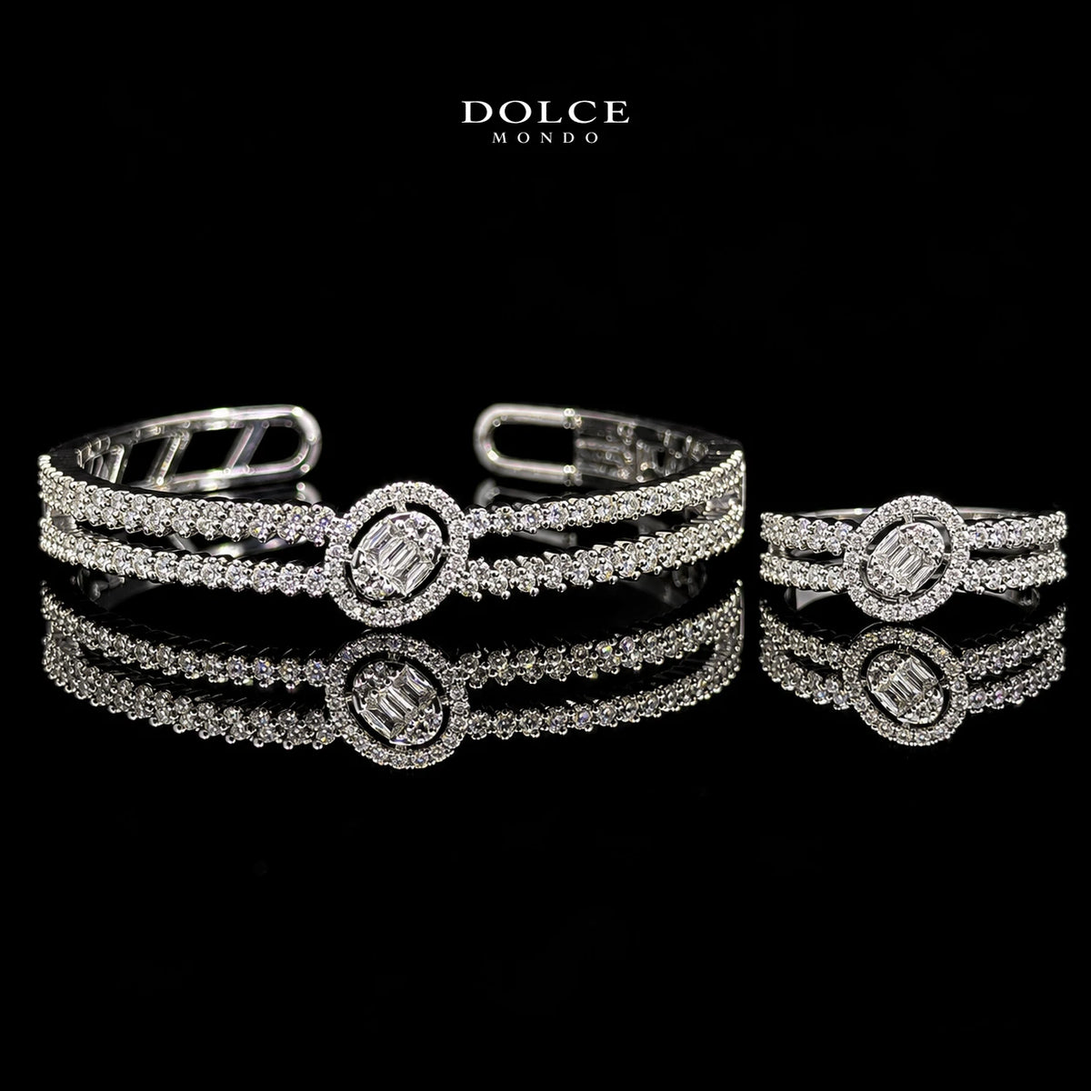 Hessa White Baguette-Cut Zircon Oval Halo Luxury Bangle & Ring Set – Premium Rhodium Plated | Dolce Mondo