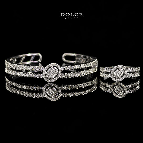 Hessa White Baguette-Cut Zircon Oval Halo Luxury Bangle & Ring Set – Premium Rhodium Plated | Dolce Mondo