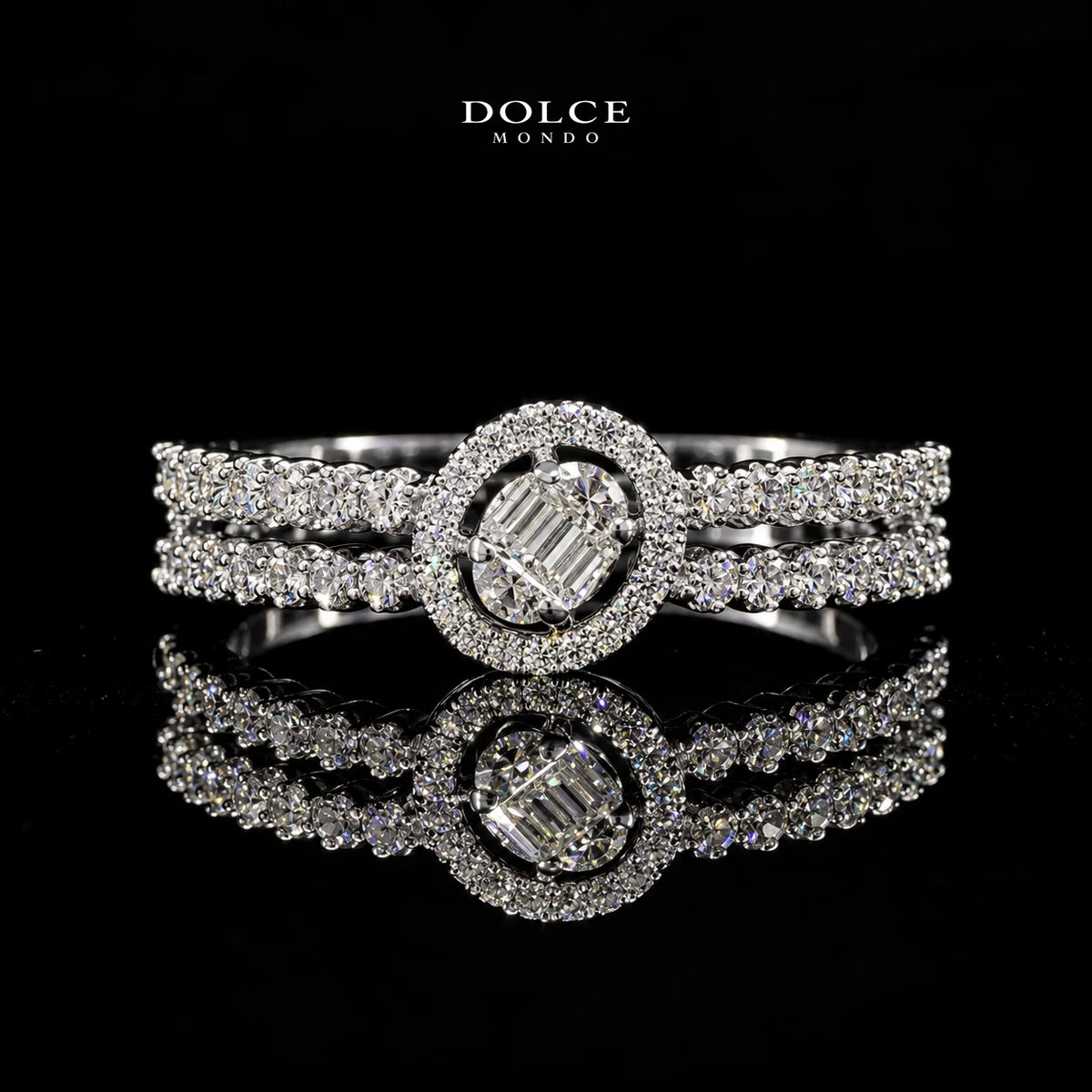 Hessa White Baguette-Cut Zircon Oval Halo Luxury Bangle & Ring Set – Premium Rhodium Plated | Dolce Mondo