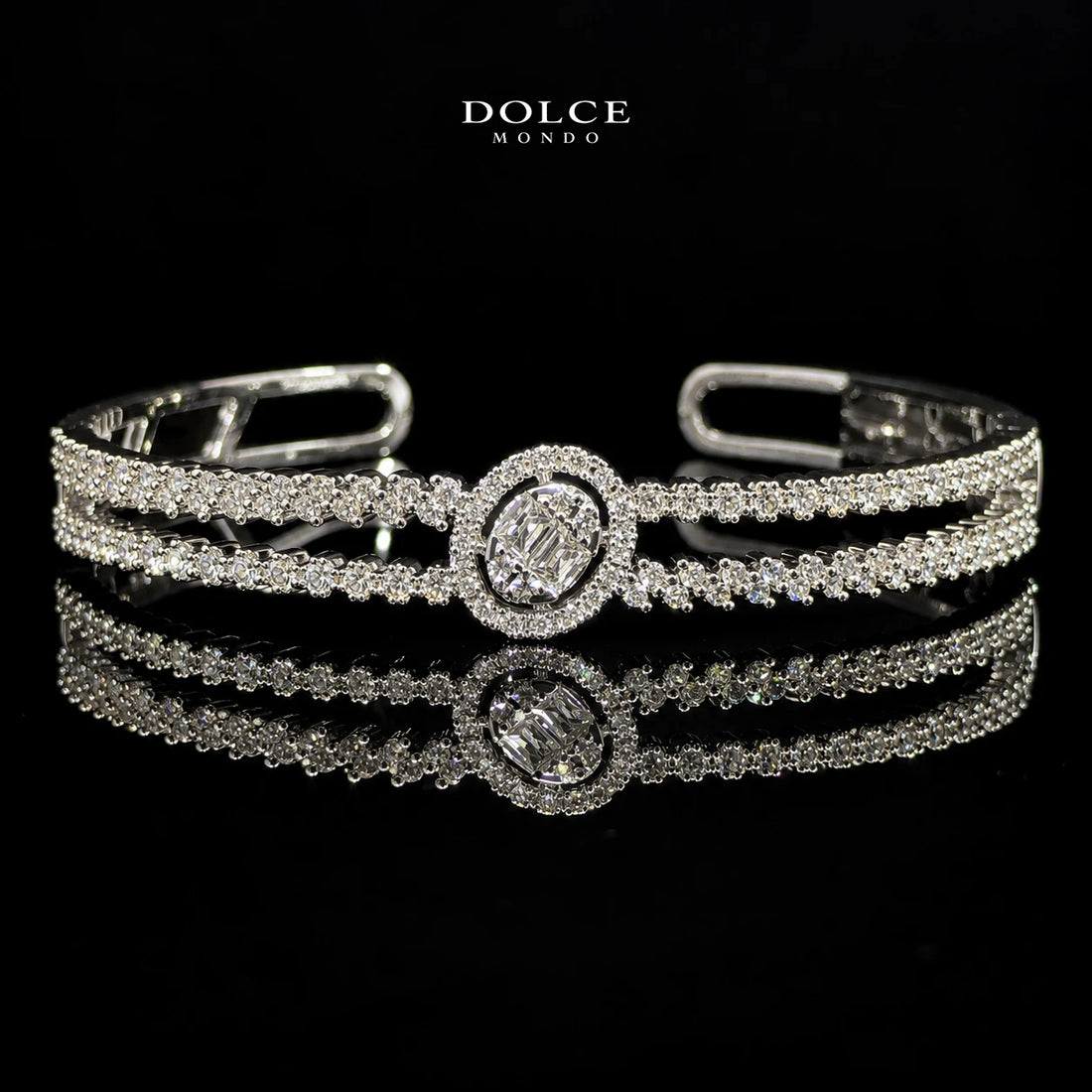 Hessa White Baguette-Cut Zircon Oval Halo Luxury Bangle & Ring Set – Premium Rhodium Plated | Dolce Mondo