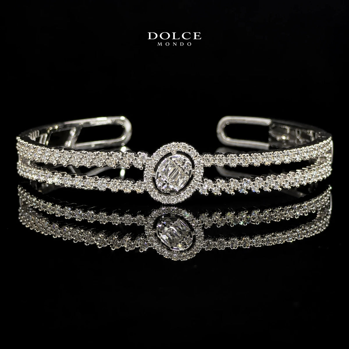 Hessa White Baguette-Cut Zircon Oval Halo Luxury Bangle & Ring Set – Premium Rhodium Plated | Dolce Mondo