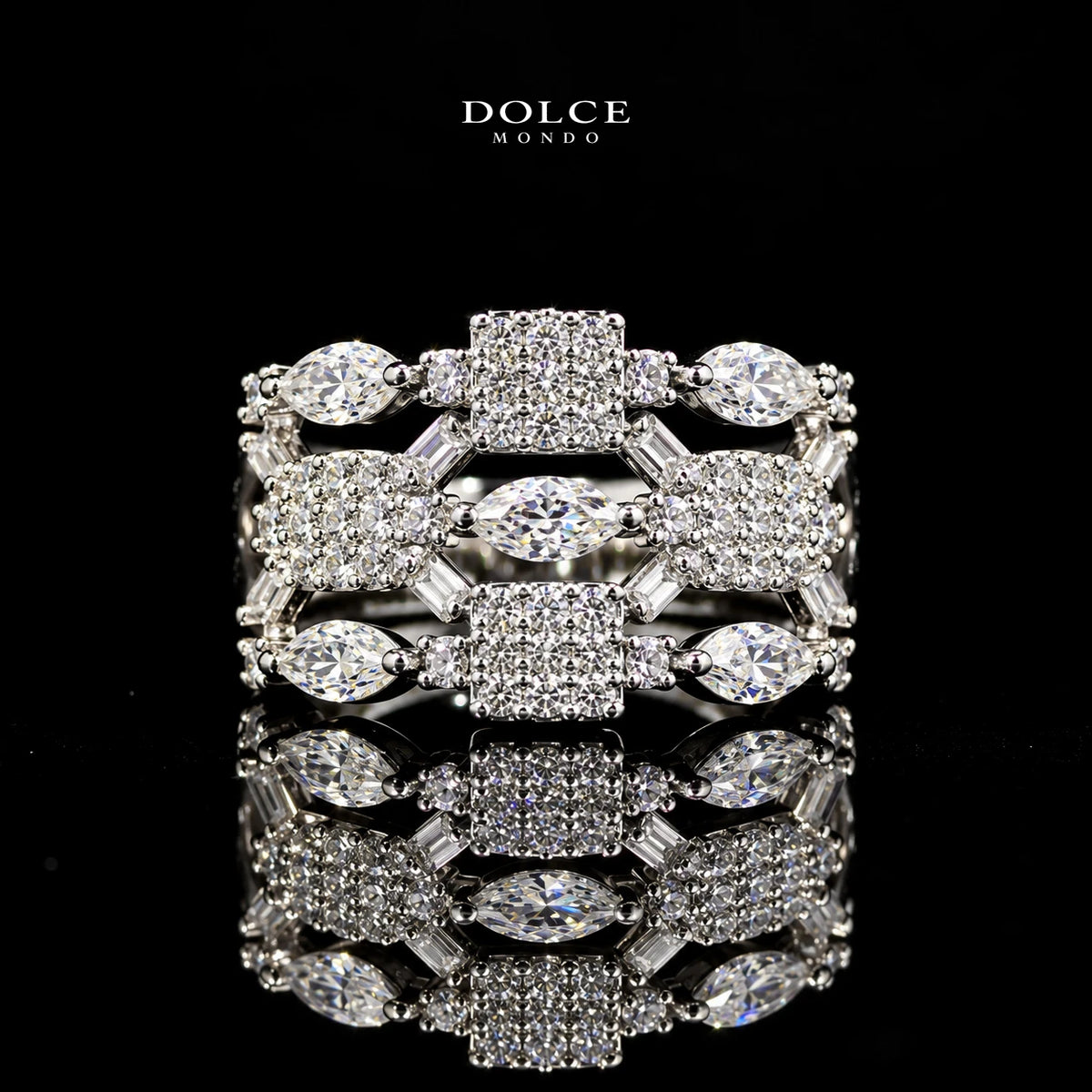 Safiya White Marquise-Cut Zircon Geometric Luxury Bangle & Ring Set – Premium Rhodium Plated | Dolce Mondo