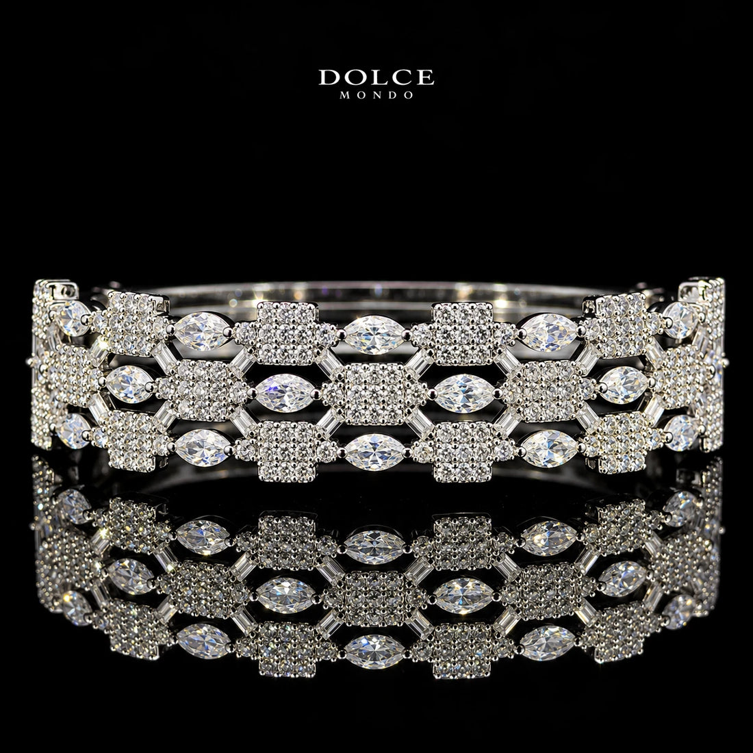 Safiya White Marquise-Cut Zircon Geometric Luxury Bangle & Ring Set – Premium Rhodium Plated | Dolce Mondo