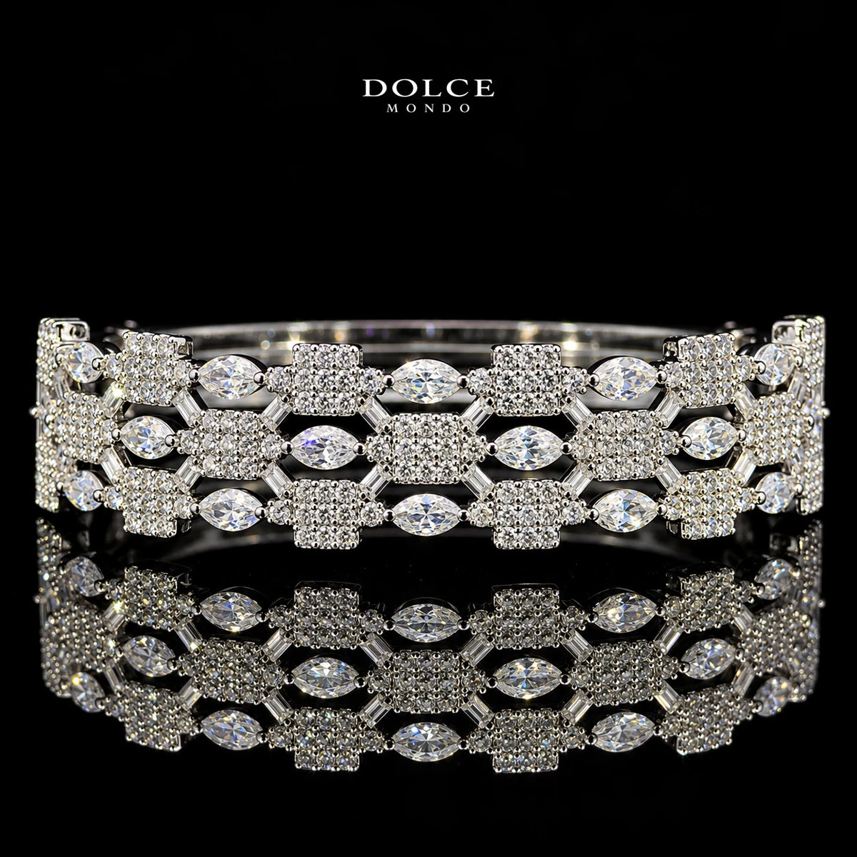 Safiya White Marquise-Cut Zircon Geometric Luxury Bangle & Ring Set – Premium Rhodium Plated | Dolce Mondo