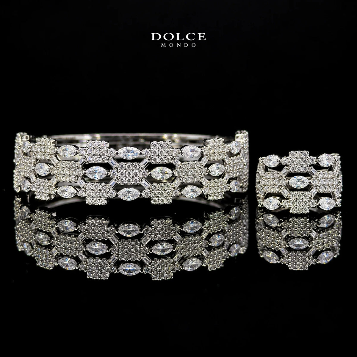 Safiya White Marquise-Cut Zircon Geometric Luxury Bangle & Ring Set – Premium Rhodium Plated | Dolce Mondo