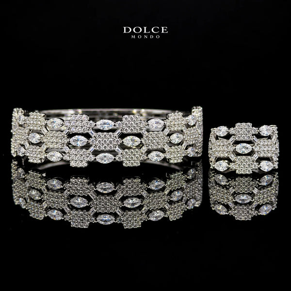 Safiya White Marquise-Cut Zircon Geometric Luxury Bangle & Ring Set – Premium Rhodium Plated | Dolce Mondo