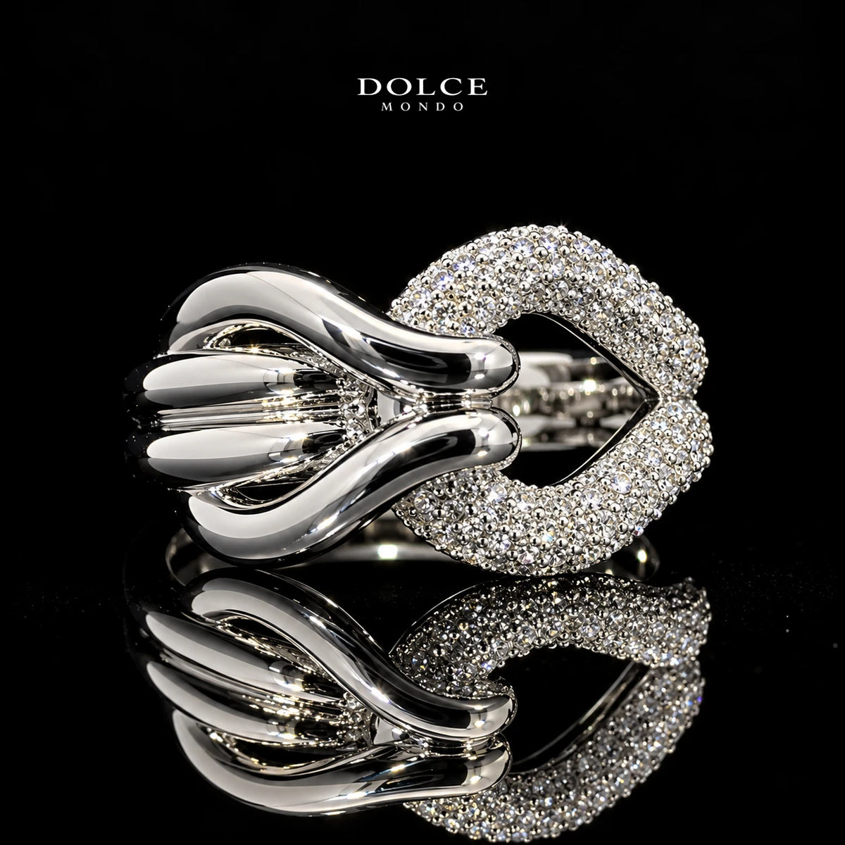 Samira White Round-Cut Zircon Sculptural Wave Luxury Bangle & Ring Set – Premium Rhodium Plated | Dolce Mondo