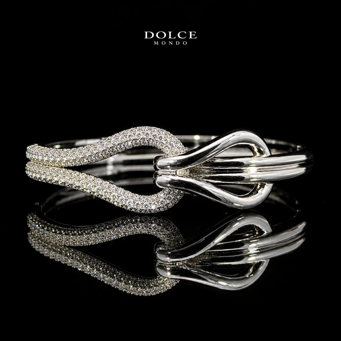 Samira White Round-Cut Zircon Sculptural Wave Luxury Bangle & Ring Set – Premium Rhodium Plated | Dolce Mondo