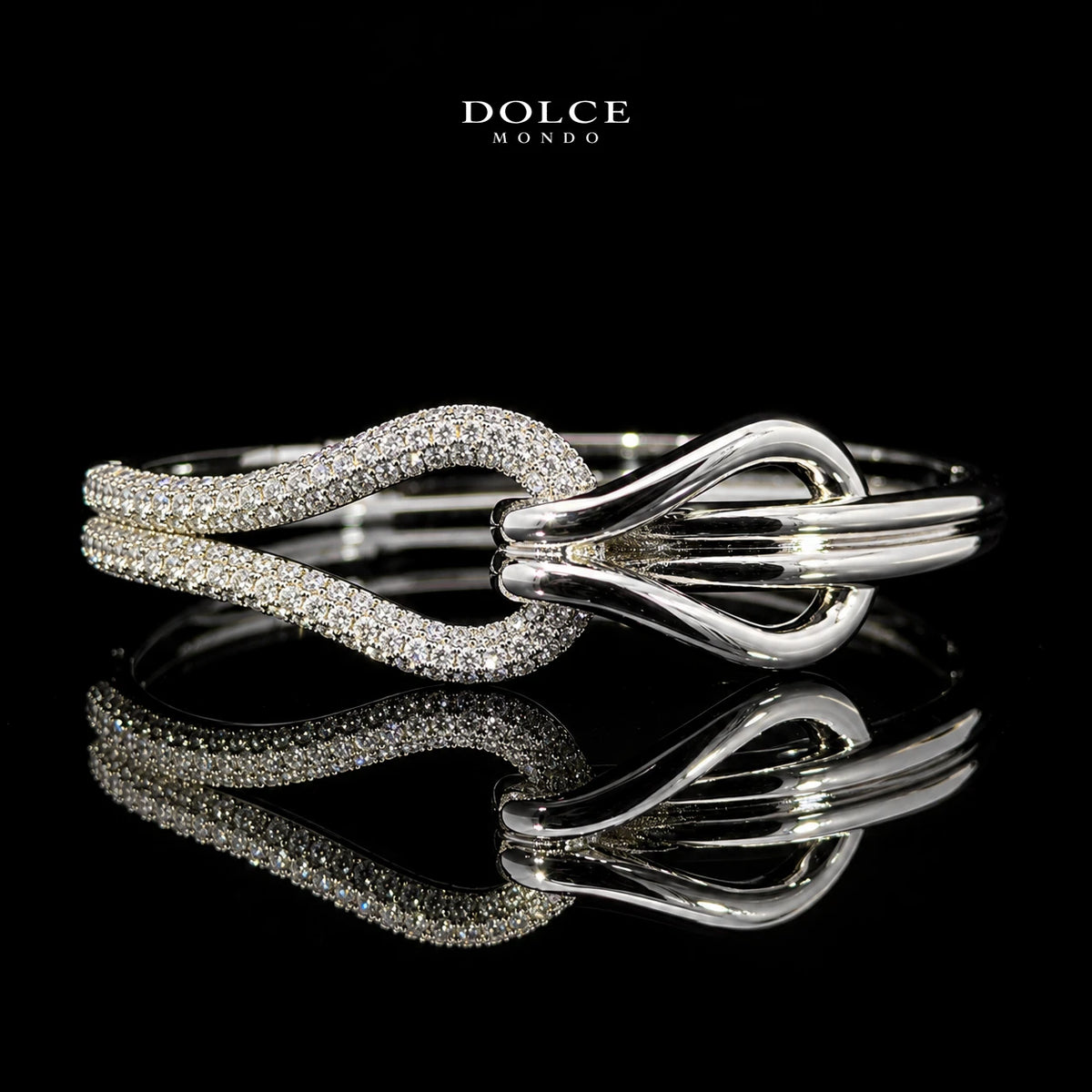 Samira White Round-Cut Zircon Sculptural Wave Luxury Bangle & Ring Set – Premium Rhodium Plated | Dolce Mondo