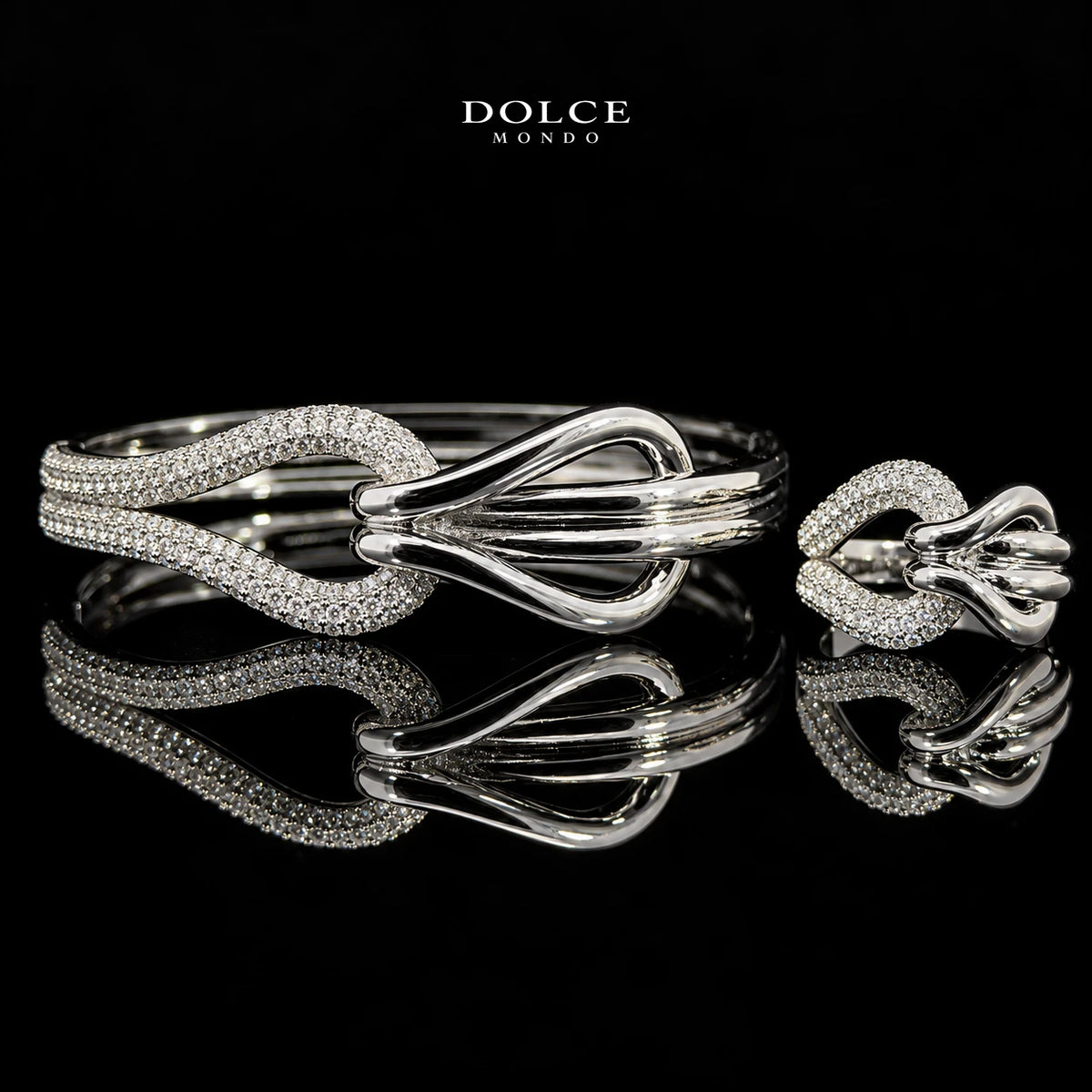 Samira White Round-Cut Zircon Sculptural Wave Luxury Bangle & Ring Set – Premium Rhodium Plated | Dolce Mondo
