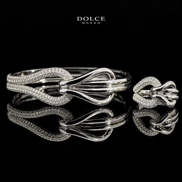 Samira White Round-Cut Zircon Sculptural Wave Luxury Bangle & Ring Set – Premium Rhodium Plated | Dolce Mondo