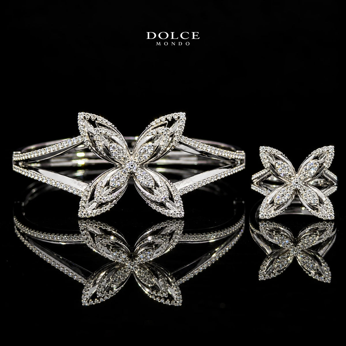 Nadine White Marquise-Cut Zircon Floral Luxury Bangle & Ring Set – Premium Rhodium Plated | Dolce Mondo