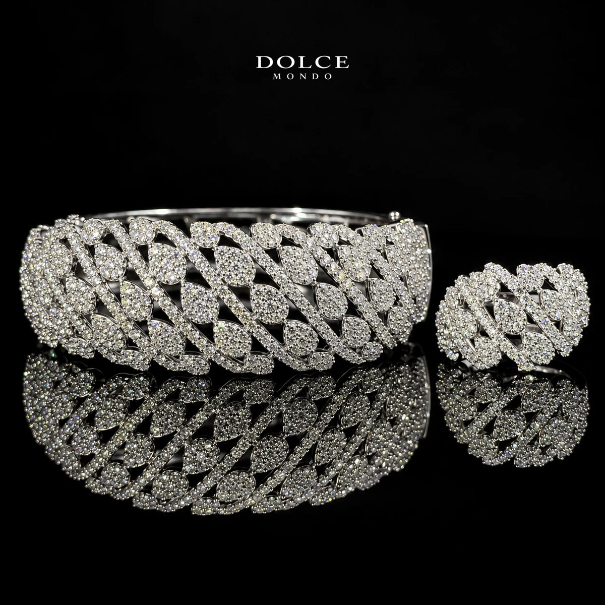 Aaliyah White Round-Cut Zircon Lattice Luxury Bangle & Ring Set – Premium Rhodium Plated | Dolce Mondo