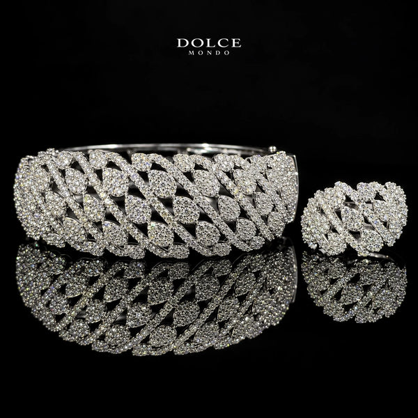Aaliyah White Round-Cut Zircon Lattice Luxury Bangle & Ring Set – Premium Rhodium Plated | Dolce Mondo