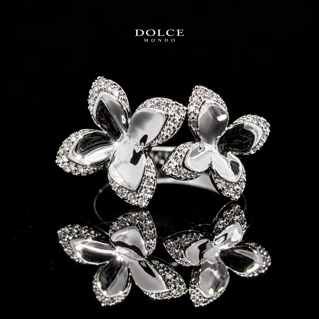 Hana White Floral Zircon Luxury Bangle & Ring Set – Premium Rhodium Plated | Dolce Mondo