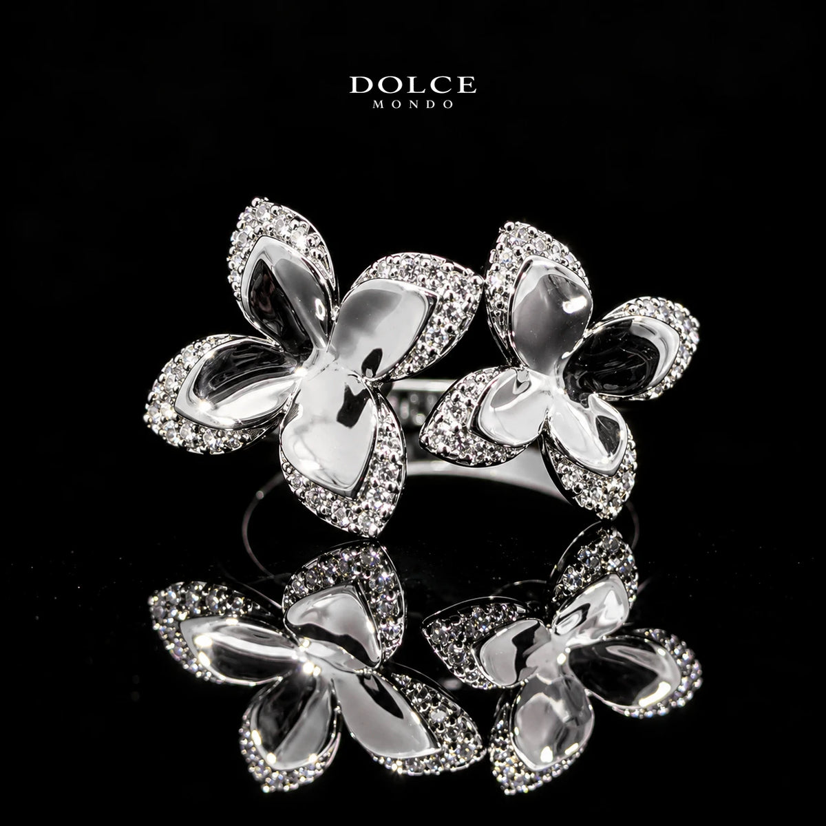 Hana White Floral Zircon Luxury Bangle & Ring Set – Premium Rhodium Plated | Dolce Mondo