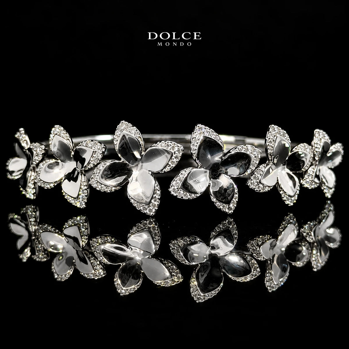 Hana White Floral Zircon Luxury Bangle & Ring Set – Premium Rhodium Plated | Dolce Mondo