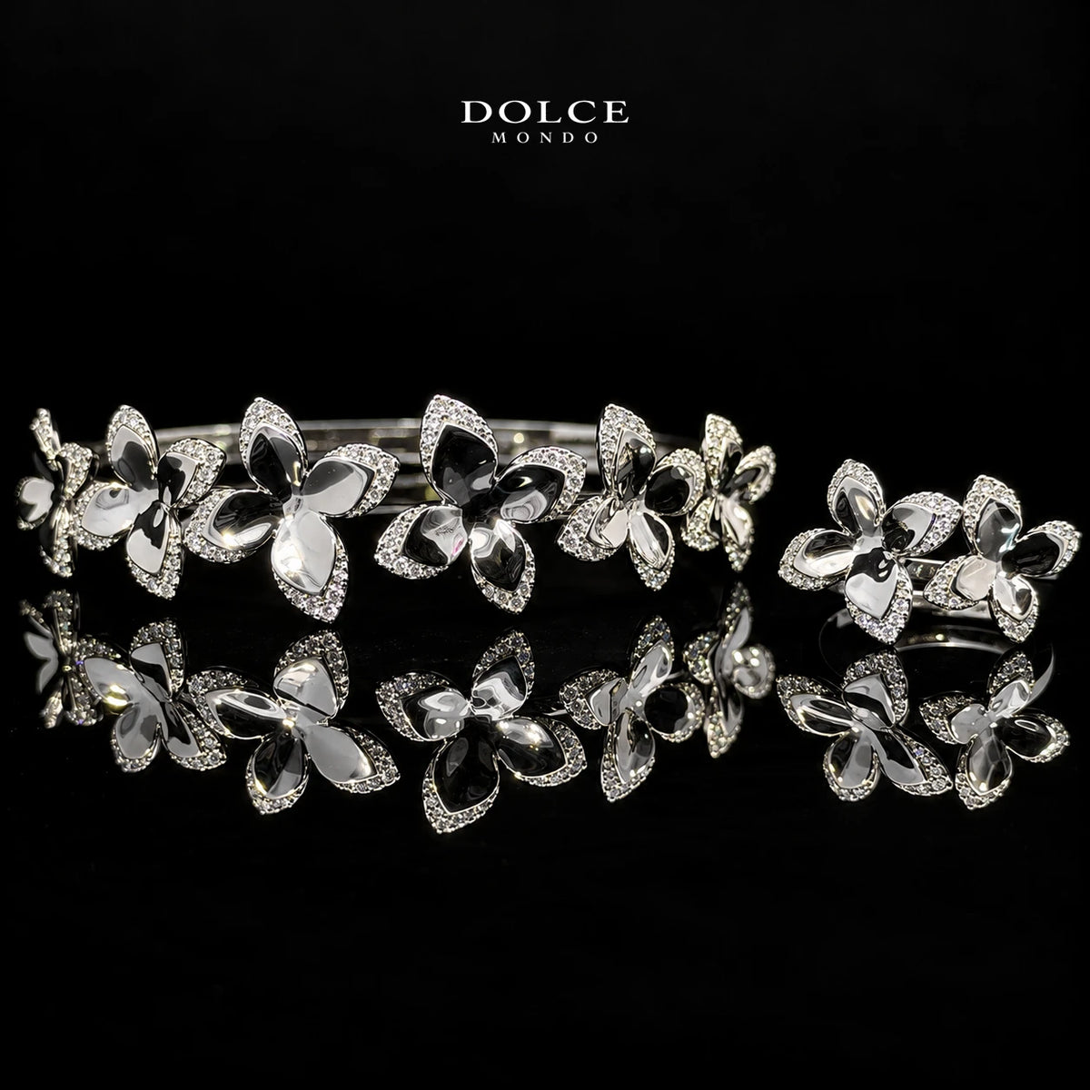Hana White Floral Zircon Luxury Bangle & Ring Set – Premium Rhodium Plated | Dolce Mondo