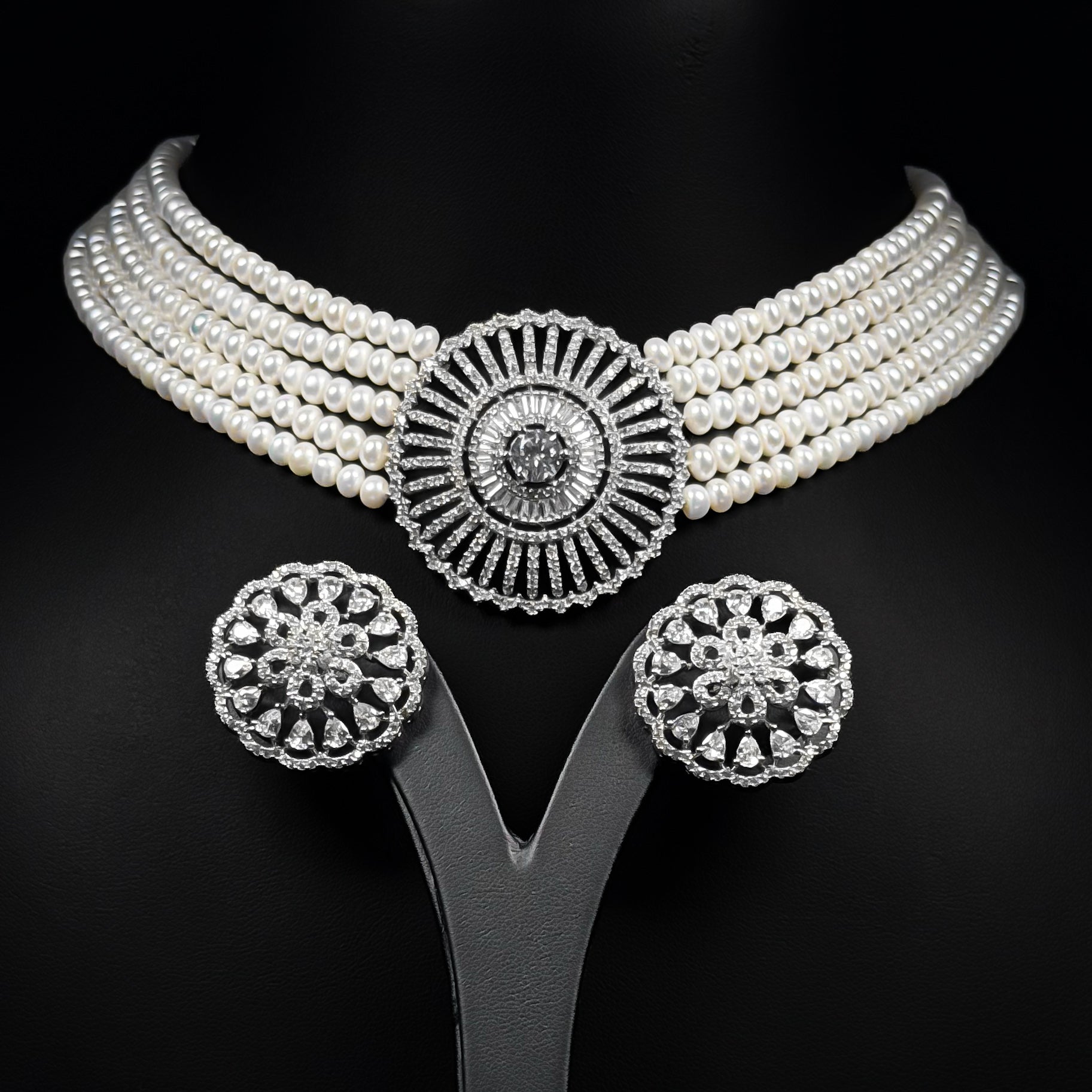 Pearl Medallion White Zircon Rhodium Plated Luxury Bridal Set