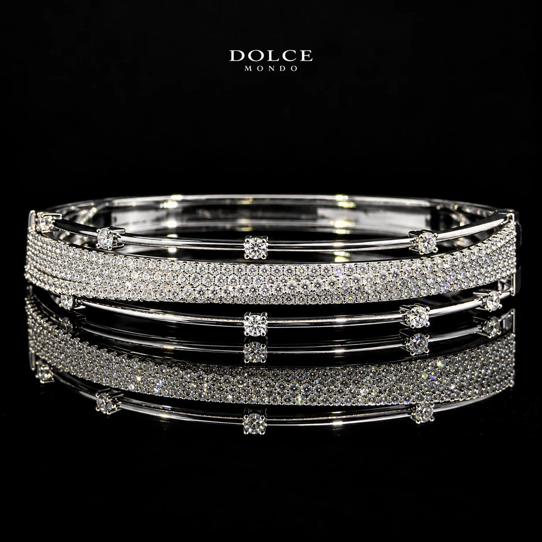 Farah White Round-Cut Zircon Pavé Luxury Bangle & Ring Set – Premium Rhodium Plated | Dolce Mondo