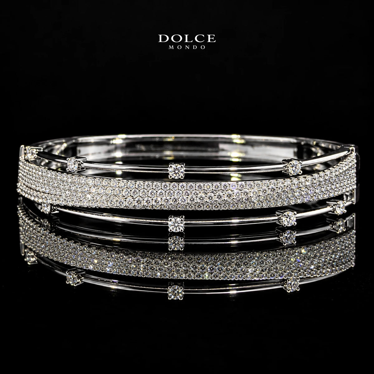Farah White Round-Cut Zircon Pavé Luxury Bangle & Ring Set – Premium Rhodium Plated | Dolce Mondo