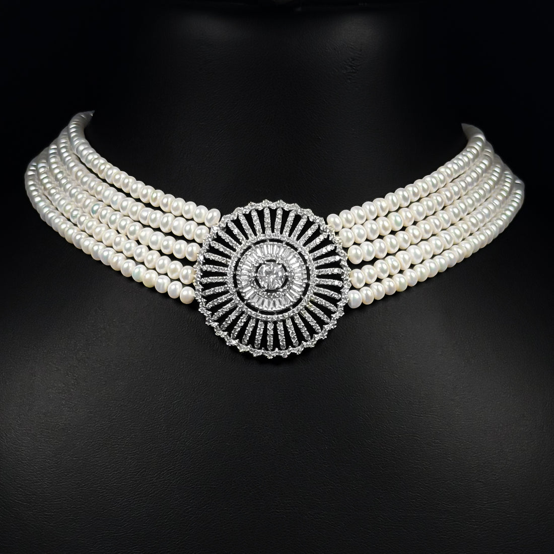 Pearl Medallion White Zircon Rhodium Plated Luxury Bridal Set