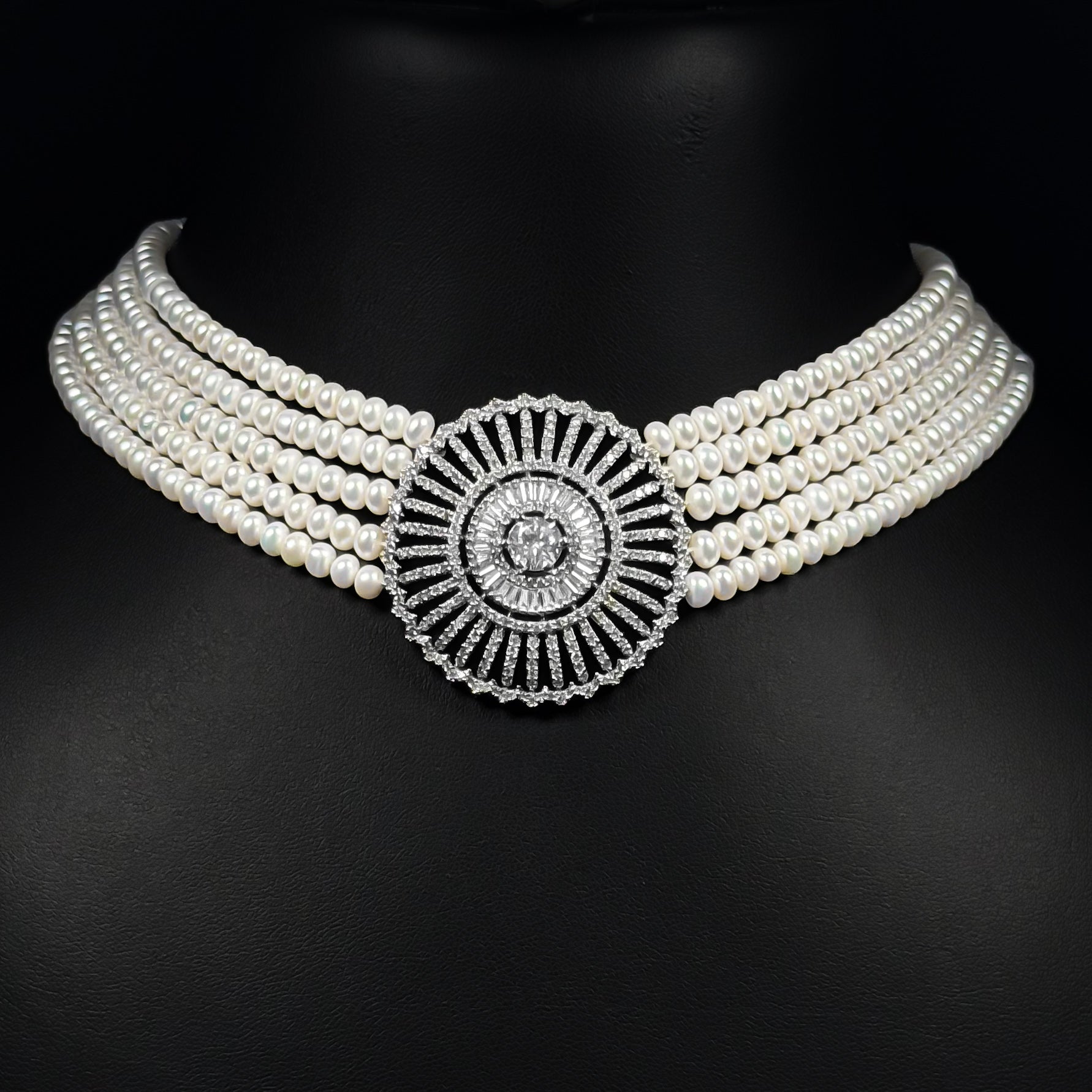 Pearl Medallion White Zircon Rhodium Plated Luxury Bridal Set