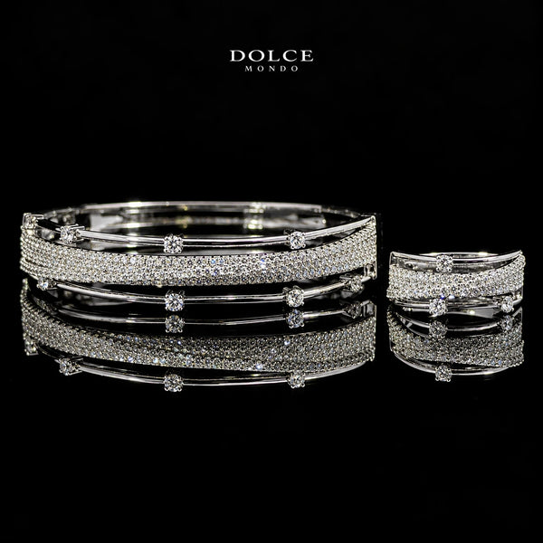Farah White Round-Cut Zircon Pavé Luxury Bangle & Ring Set – Premium Rhodium Plated | Dolce Mondo
