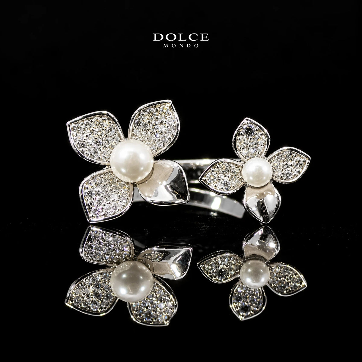 Yasmin White Pearl & Zircon Floral Luxury Bangle & Ring Set – Premium Rhodium Plated | Dolce Mondo