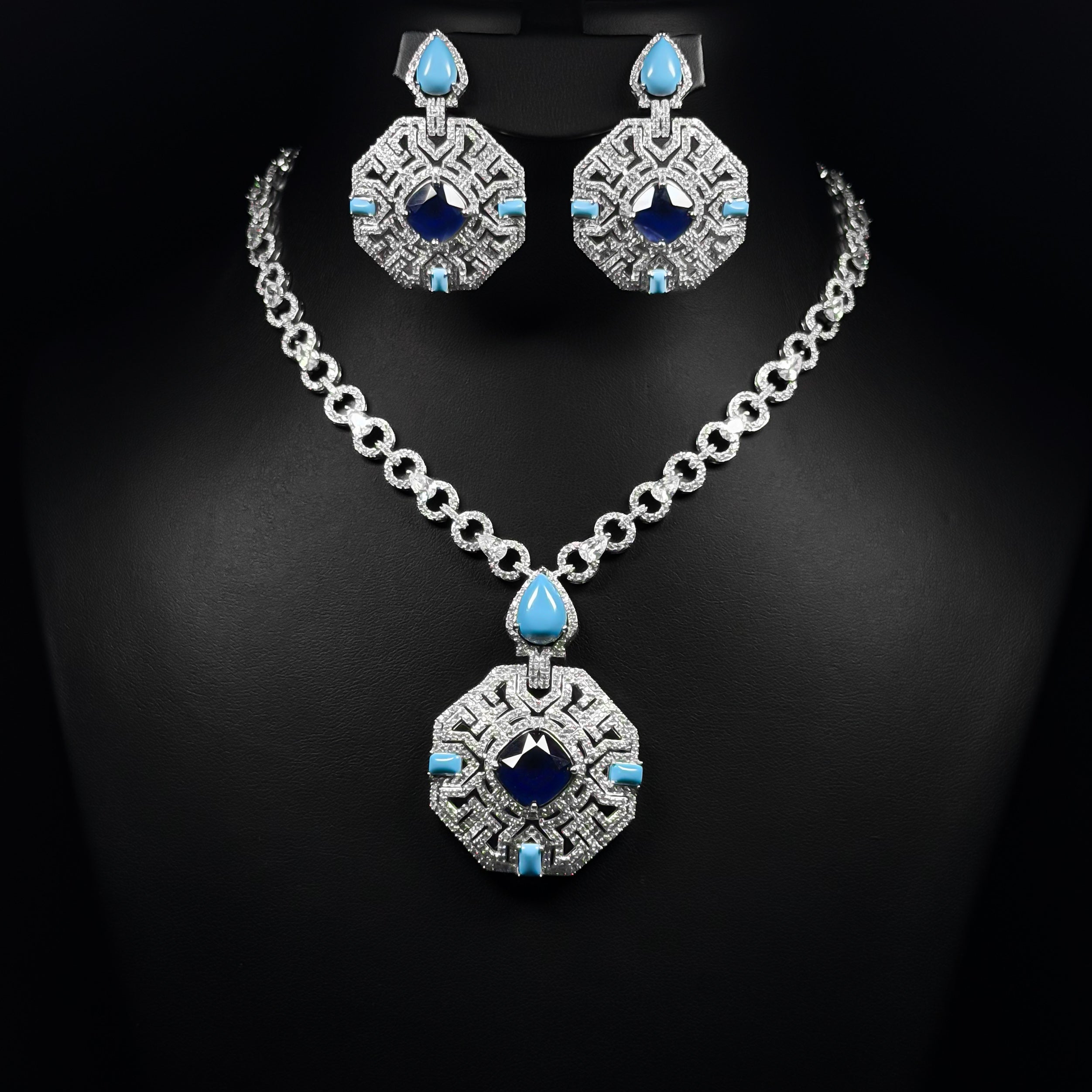 Azure Palace Blue Zircon Rhodium Plated Wedding Set