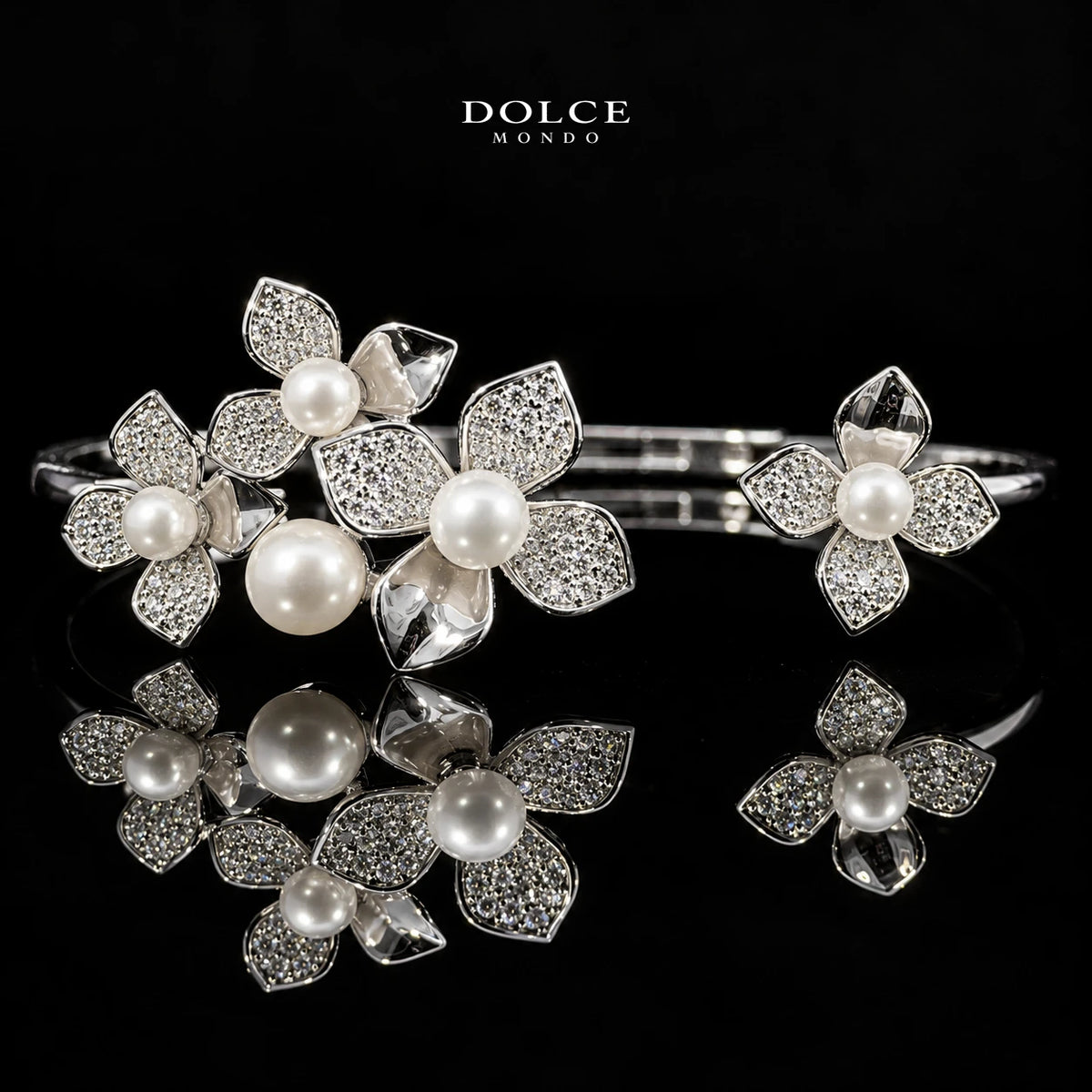 Yasmin White Pearl & Zircon Floral Luxury Bangle & Ring Set – Premium Rhodium Plated | Dolce Mondo